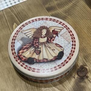 Vintage Angel Holiday Tin Quilted Gingham cookie box food storage